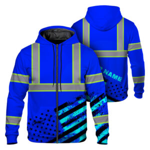 Hi Vis Zip Hoodie Reflective Tapes Blue USA Flag Safety Workwear For Runners, Cyclists, Patriotic