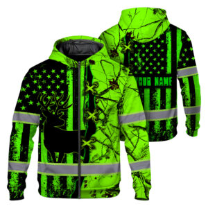 Hi Vis Zip Hoodie Reflective Tapes Deer Hunting US Flag Custom Name