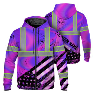 Hi Vis Zip Hoodie Reflective Tapes Hologram USA Flag Safety Workwear