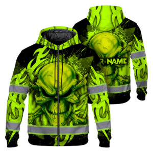 Hi Vis Zip Hoodie Reflective Tapes Paint Flakes Skull Custom Name For Workers, Runners, Cyclists, Patriotic