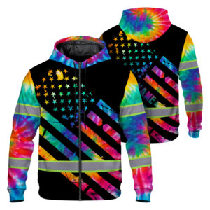 Hi Vis Zip Hoodie Reflective Tapes Rainbow Tie Dye Safety Workwear