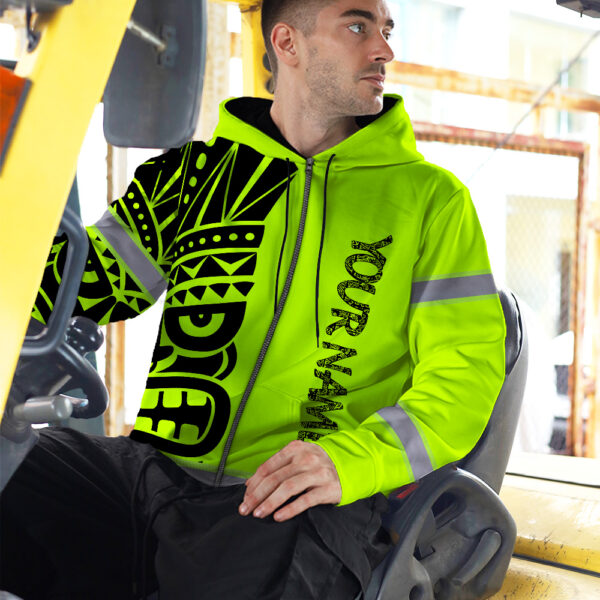 Hi-Vis-Zip-Hoodie-Reflective-Tapes-TiKi-Hawaiian-Polynesian-Tribal-Custom-Name-Safety-Workwear-For-Workers,-Runners,-Cyclists-1