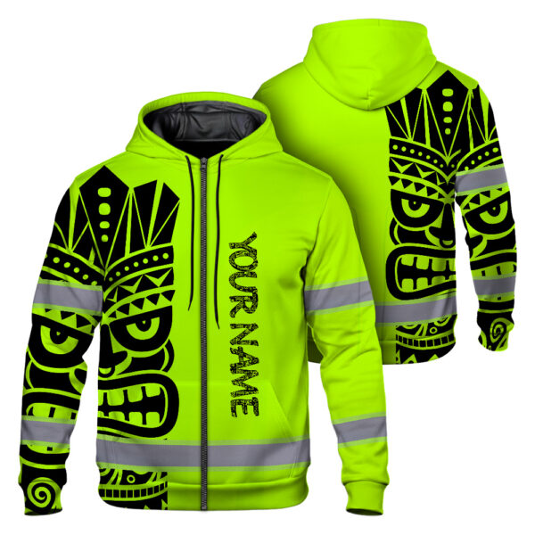 Hi-Vis-Zip-Hoodie-Reflective-Tapes-TiKi-Hawaiian-Polynesian-Tribal-Custom-Name-Safety-Workwear-For-Workers,-Runners,-Cyclists-2