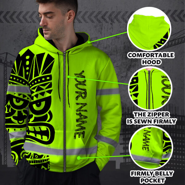 Hi-Vis-Zip-Hoodie-Reflective-Tapes-TiKi-Hawaiian-Polynesian-Tribal-Custom-Name-Safety-Workwear-For-Workers,-Runners,-Cyclists-4