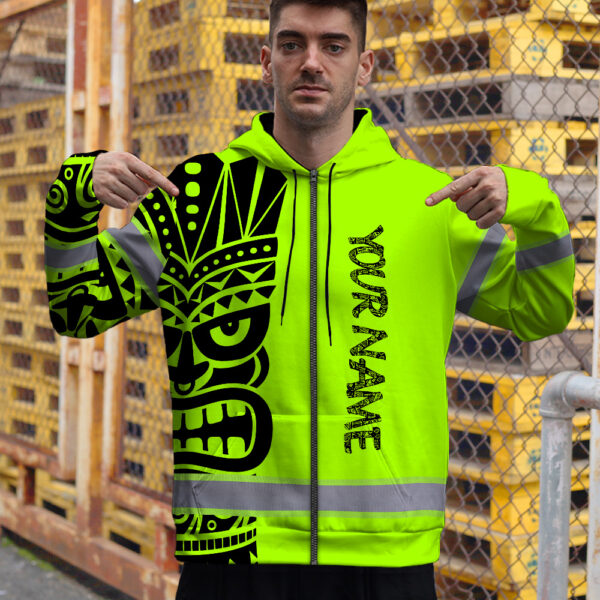 Hi-Vis-Zip-Hoodie-Reflective-Tapes-TiKi-Hawaiian-Polynesian-Tribal-Custom-Name-Safety-Workwear-For-Workers,-Runners,-Cyclists-5