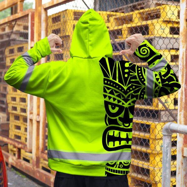 Hi-Vis-Zip-Hoodie-Reflective-Tapes-TiKi-Hawaiian-Polynesian-Tribal-Custom-Name-Safety-Workwear-For-Workers,-Runners,-Cyclists-6