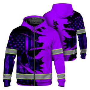 Hi Vis Zip Hoodie Reflective Tapes Violet Neon Skull US Flag Scratch Custom Name Safety Workwear For Workers, Runners, Cyclists, Patriotic