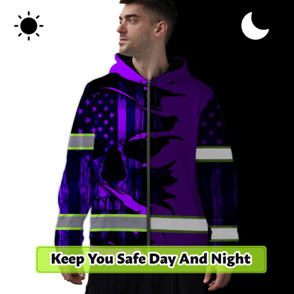 Hi-Vis-Zip-Hoodie-Reflective-Tapes-Violet-Neon-Skull-US-Flag-Scratch-Custom-Name-Safety-Workwear-For-Workers,-Runners,-Cyclists,-Patriotic-2