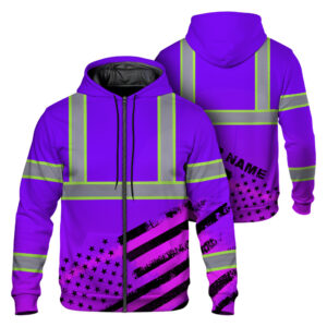 Hi Vis Zip Hoodie Reflective Tapes Violet USA Flag Safety Workwear For Cyclists, Patriotic