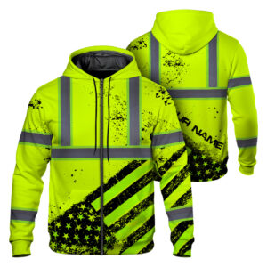 Hi Vis Zip Hoodie Reflective Tapes Yellow Neon USA Flag Safety Workwear For Cyclists, Patriotic