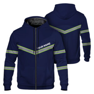 Hi Vis Reflective Dark Blue Custom Name Zip Hoodie Safety Workwear