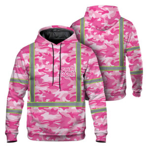 Hi Vis Reflective Pink Camo Custom Name Hoodie Safety Workwear