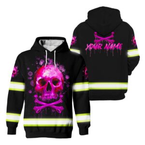 Hi Vis Hoodie Reflective Pink Neon Skull Watercolor Custom Name Safety Workwear For Workers, Runners, Cyclists, Patriotic