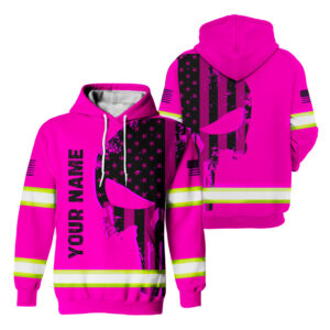 Cotton Hi Vis Shirts Pink Neon Skull With USA Flag Custom Name Safety Workwear For Workers, Runners, Cyclists, Patriotic