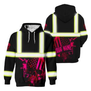 Hi Vis Hoodie Reflective Pink Neon USA Skull Custom Name Safety Workwear For Workers, Runners, Cyclists, Patriotic