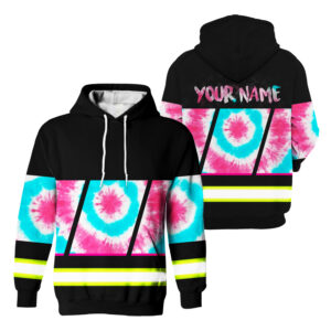 Hi Vis Hoodie Reflective Tapes Light Blue Pink Tie Dye Custom Name Safety Workwear For Workers, Runners, Cyclists