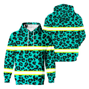 Hi Vis Hoodie Reflective Tapes Mint Leopard Safety Workwear For Workers, Runners, Cyclists