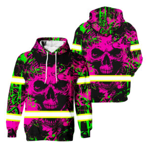 Hi Vis Hoodie Reflective Tapes Pink Neon Skull Safety Workwear For Workers, Runners, Cyclists