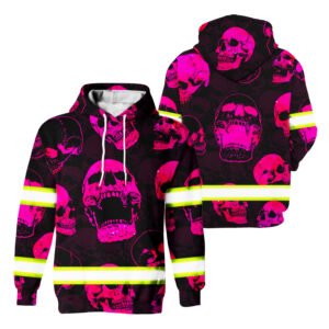Hi Vis Hoodie Reflective Tapes Pink Neon Skull Safety Workwear For Workers, Runners, Cyclists