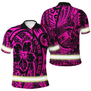 Hi Vis Polo Shirt Reflective Pink Flower Hawaiian Polynesian Tribal Custom Name Safety Workwear