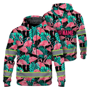 Hi Vis Hoodie Reflective Tapes Pink Flamingo Flower Hawaiian Custom Name Safety Workwear For Woman