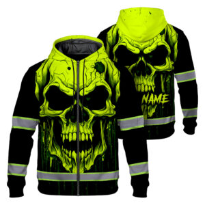 Hi Vis Zip Hoodie Reflective Lime Neon Skull Custom Name Safety Workwear For Runners, Cyclists, Skull Lover