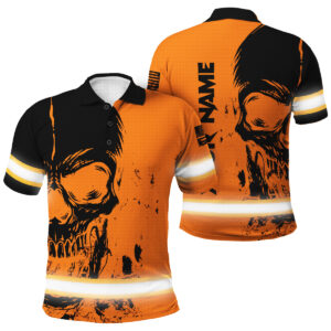 Men’s Hi Vis Polo Shirt With Orange Neon Skull - Custom Name Safety Workwear For Runners, Truckers, Skull Lovers