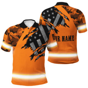 Hi Vis Polo Shirt with Camo Orange Neon Scratch US Flag - Custom Name Safety Workwear Patriotic