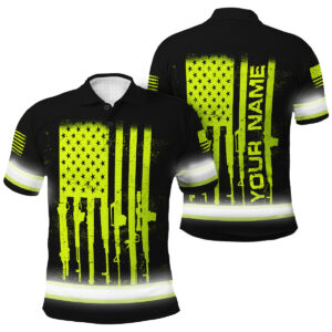 Hi Vis Polo Shirt with Rifle US Flag Design - Custom Name Safety Workwear Patriotic