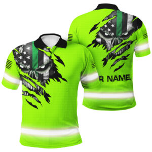 Custom Skull US Flag Hi Vis Polo Shirt Green Neon with Scratch Pattern - Safety Workwear