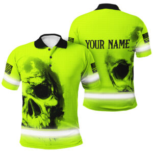Men’s Hi Vis Work Shirts Green Neon Polo with Skull and Custom Name