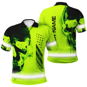 Custom Name Green Neon Hi Vis Polo Shirt with Skull - Safety Workwear For Runners, Cyclists, Skull Lover