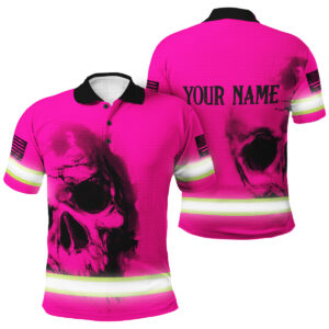 Pink Neon Hi Vis Polo Shirt for Women - Custom Name Skull Safety Workwear