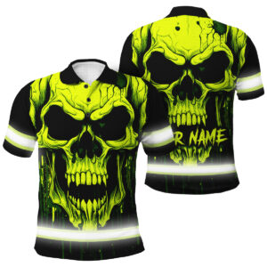 Hi Vis Polo Shirt With Lime Neon Skull – Custom Name Safety Workwear For Runners, Cyclists, Skull Lover