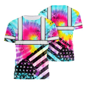Hi Vis Shirt Reflective Tie Dye US Flag Paint Safety Workwear For Motorcycle Bicycle, Runner, Patriotic