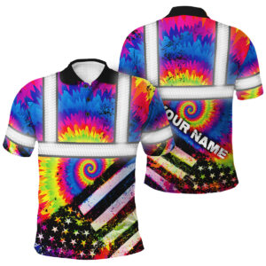 Hi Vis Polo Shirt Reflective Tie Dye 2 US Flag Paint Safety Workwear For Motorcycle Bicycle, Runner