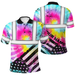 Hi Vis Polo Shirt With Tie Dye US Flag Paint - Custom Name Safety Workwear For Motorcycle Bicycle, Runner, Patriotic