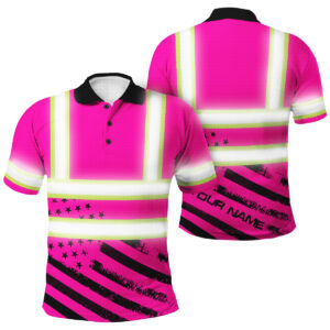 Hi Vis Polo Shirt Reflective Pink Neon US Flag Custom Name Safety Workwear For Patriotic