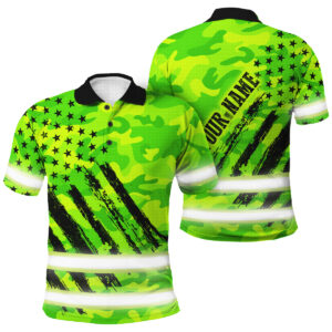 Green Neon Hi Vis Polo Shirt With US Flag Camo Pattern - Personalized Workwear For Truckers, Cyclists, Patriotic