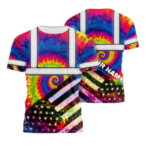 Hi Vis Shirt Reflective Tie Dye 2 US Flag Paint Safety Workwear For Motorcycle Bicycle, Runner