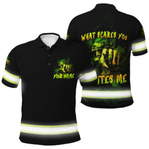 Custom Hi Vis Work Polo With Skull And Bold “What Scares You Excites Me” Quote