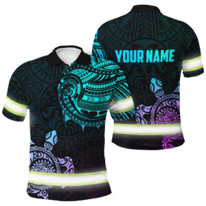 Custom Name Hi Vis Polo Shirt Featuring Polynesian Turtle Gradient, High Visibility Shirts Class 3