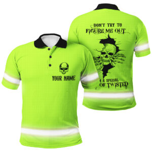 Custom Hi Vis Polo – Skull Design With Bold “Don’t Try To Figure Me Out ” Quote