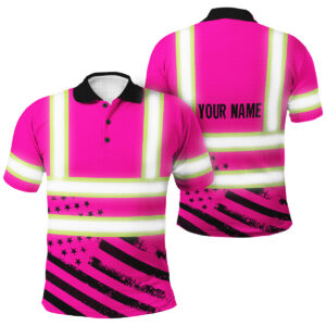 USA Flag Pattern Pink Neon Polo - Women’s High Visibility Work Shirt For Truckers, Cyclists, Patriotic