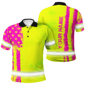 Hi Vis Polo Work Shirt Yellow And Pink Neon US Flag Custom Name Safety Workwear For Patriotic