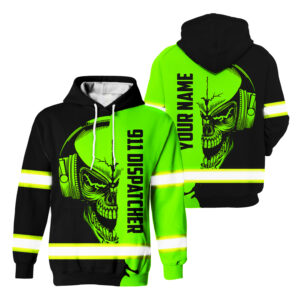 Hi Vis Hoodie Reflective Tapes Skull With Headphone Custom Name Safety Workwear For Dispatcher, Cyclists