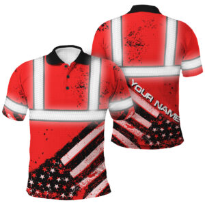 High Visibility Red Polo Shirt Featuring Painted American Flag And Custom Name