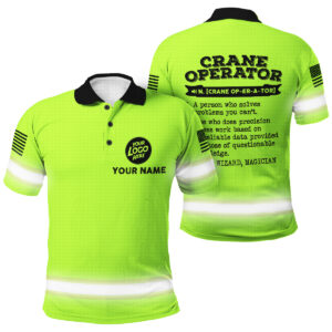 Green Neon Hi Vis Polo With Crane Operator Definition And Custom Name, Logo