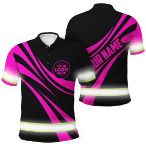 Custom Hi Vis Polo Shirt With Black And Pink Neon Tapes And Personalized Name