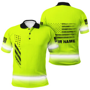 Patriotic Hi Vis Polo Lime Neon With Custom Name And USA Flag For Workers
